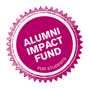 Round stamp with the words Alumni Impact Fund for Students
