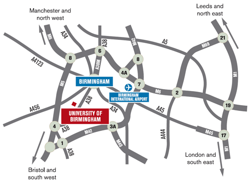 Motorway map around Birmingham and the university