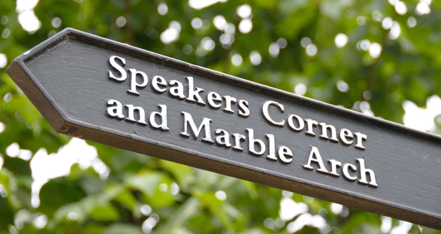 Street sign for 'Speakers Corner and Marble Arch'