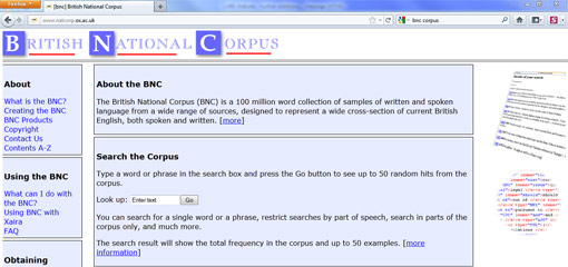 Screenshot of the British National Corpus