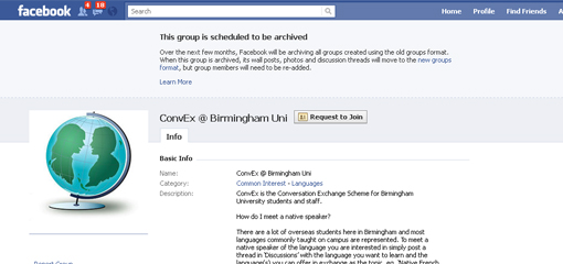 Screenshot of the Conversation Exchange facebook group