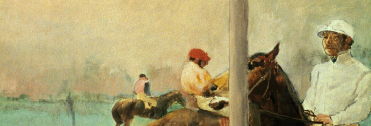 Detail from a Degas painting depicting jockeys and horses before a race