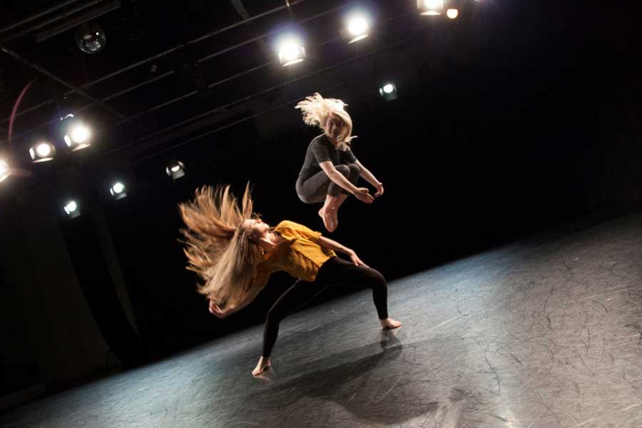 Libby Fox and Louisa Robey performing at De Montfort University during their BA Dance Course; photo by Olga Galona