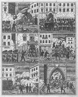 Woodcut of Prague, Barricades during the revolution of 1848, June 1848