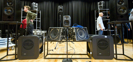 Photograph of speakers set up for a performance