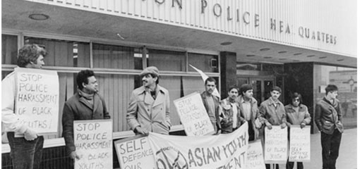 Asian Youth Movement protest outside West Bar Police Station, 1983 (Sheffield Newspapers Ltd.)