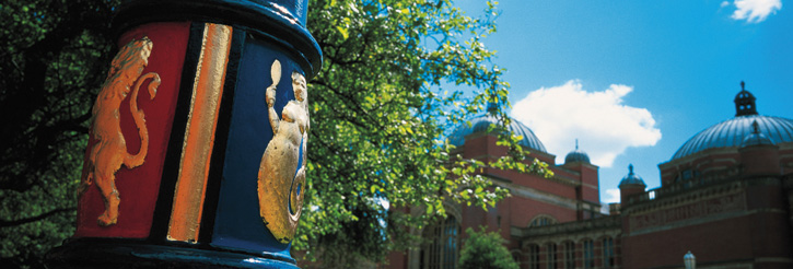 The University Crest on a lamppost on our green Edgbaston campus