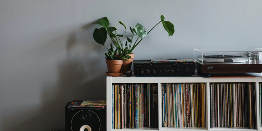 Record-player-on-shelves-with-records-and-plant