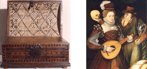 Photograph of a medicine box and an allegorical portrait