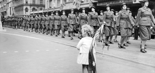 Photograph of marching female soldiers