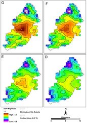 Average surface temperatures from remote sensing for Birmingham under four Pasquill-Gifford stability classes. Source: Tomlinson et al, 2011.