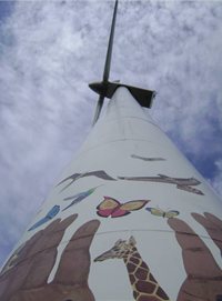Wind turbine painted with a mural
