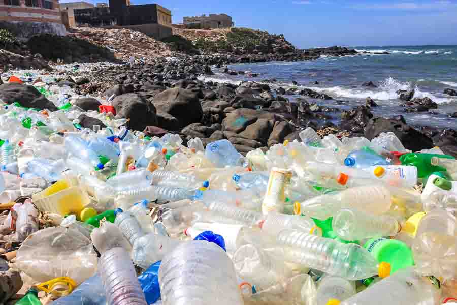 Plastic bottles piled up on the seashore