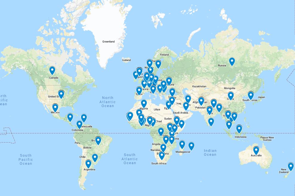 Map showing the country locations of the BactiVac Network membership as of November 2019