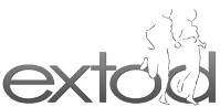 EXTOD logo - black and white letters with an outline of two people jogging.