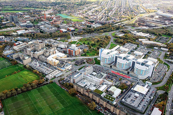 Aerial view of Birmingham Medical School, Queen Elizabeth Hospital and surrounding research sites.