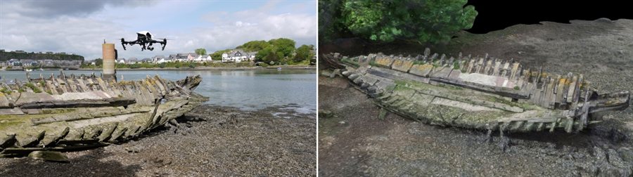 Panel of images showing drone mapping Hooe Lake wrecks in Plymouth