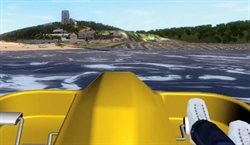 View of virtual Wembury from a virtual pedalo, a 3D modelled coastal village