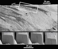 SEM image of a RCF crack in a (sectioned) rail contact test disc and three images showing sideways, focussed ion beam milling of the outlined rectangular block, to determine the crack shape in 3-dimensions.