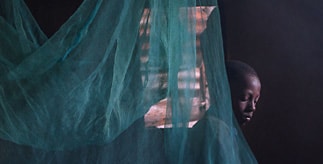 Young African child emerging from behind a mosquito net