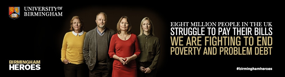 Heroes campaign banner for financial inclusion, featuring: Professor Kimberley Scharf, Professor Andrew Lymer, Professor Karen Rowlingson, and Dr Louise Overton.