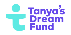 A turquoise letter 't' shaped into a person - Tanya's Dream Fund logo