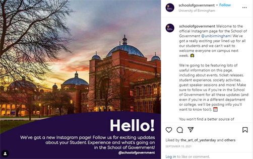 The first post from the The School of Government instagram account