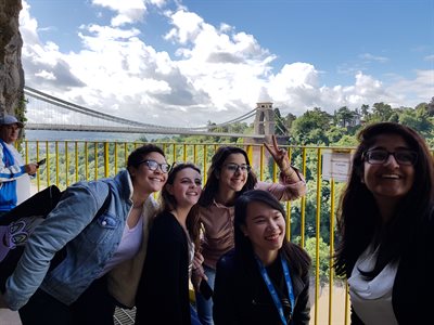 Students at the Clifton Suspension Bridge in Bristol