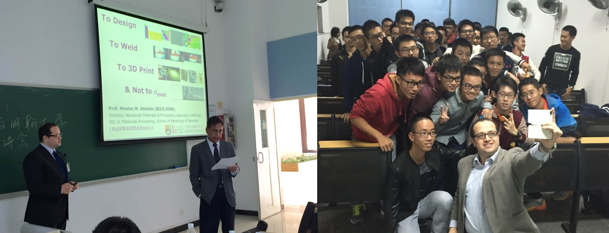 Professor Moataz Attallah presenting to on Friction Stir Welding, and Professor Attallah taking a selfie with Chinese students