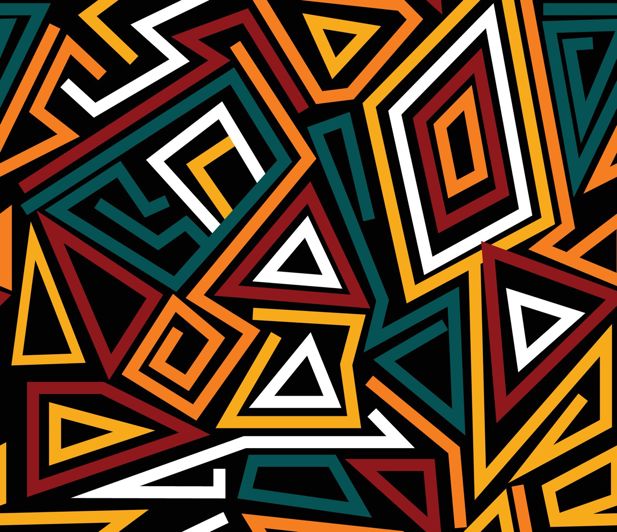 Graphic with bright coloured lines creating patterns on a black background