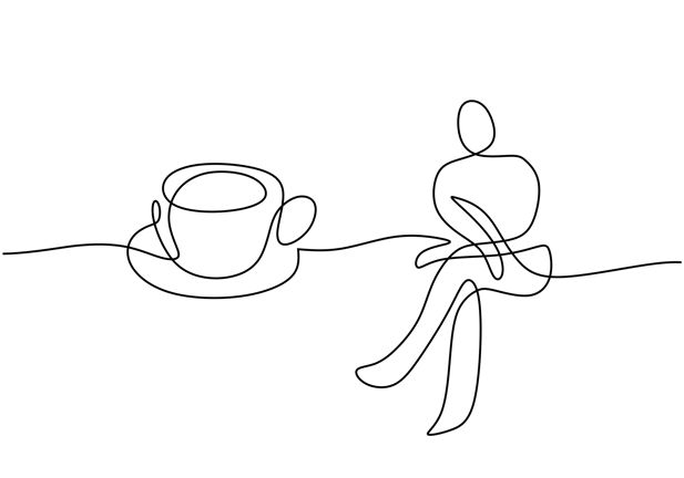 Line drawing of a cup of coffee and a person sat down