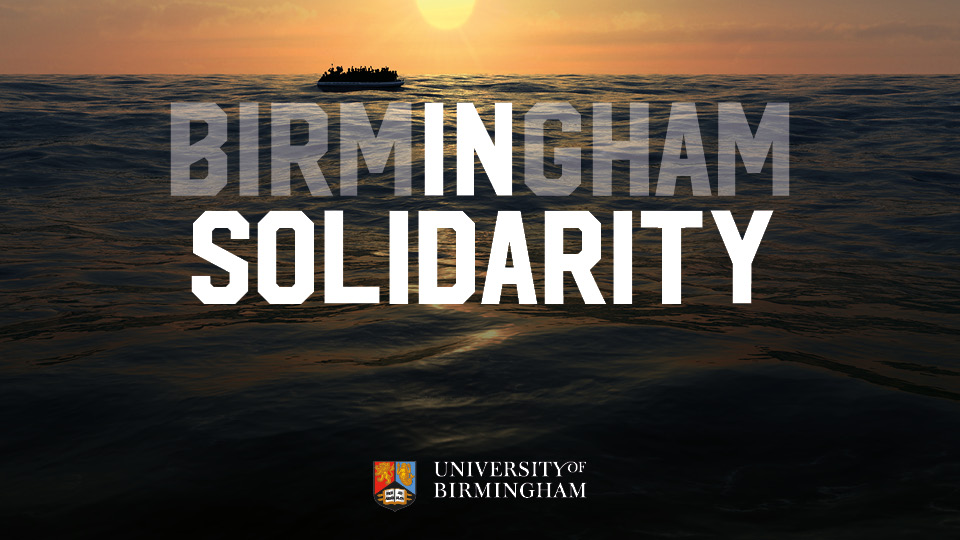 Image of crowded boat on horizon of ocean, under yellow sun, with the words Birmingham in Solidarity