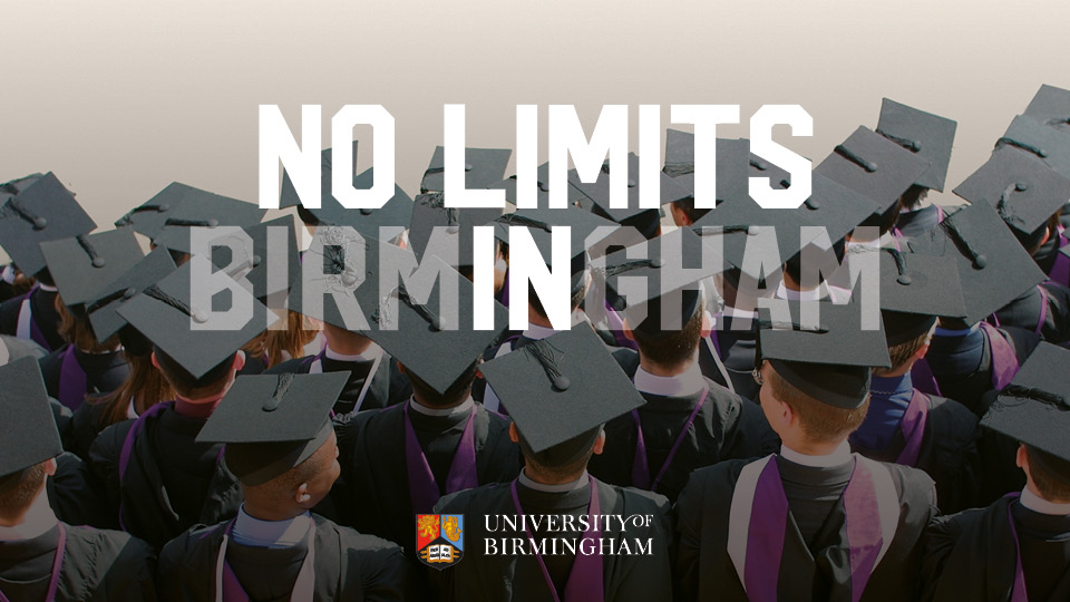 Overhead view of graduates wearing mortar boards, with the words No Limits In Birmingham