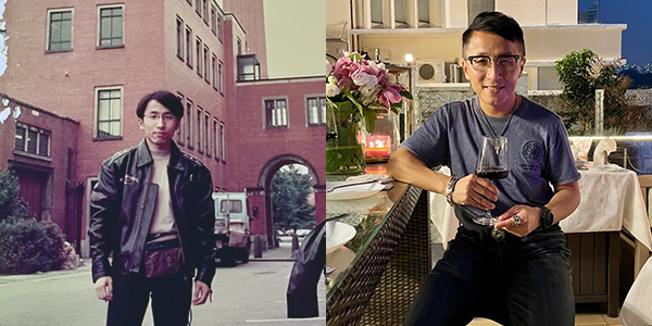 A montage of two pictures of Alex Buencamino at the University of Birmingham - then and now