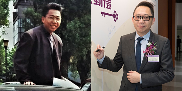 A montage of two pictures of Damian Yip at the University of Birmingham - then and now