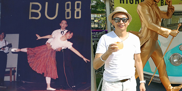 A montage of two pictures of Jonathan Wong at the University of Birmingham - then and now