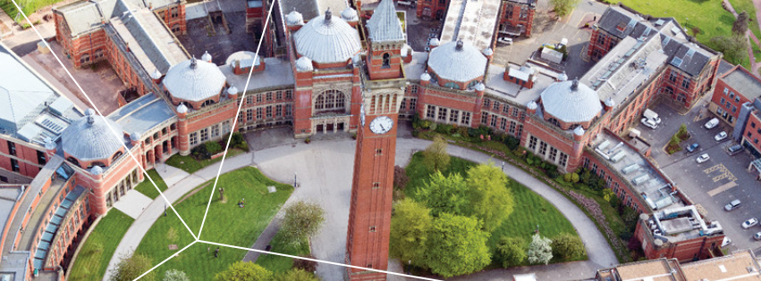 An aerial view above Old Joe and the surrounding campus of the University of Birmingham