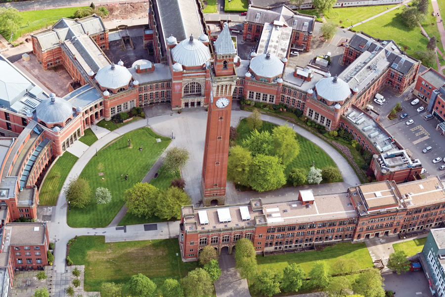 Aerial shot of Chancellor's Court and the Aston Webb semi-circle, with Old Joe clocktower at its heart.