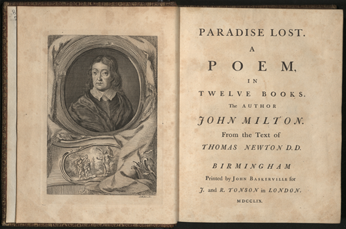 A portrait of Milton faces a page of text introducing 'Paradise Lost'.
