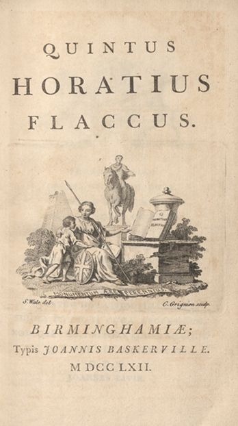 Horace title page in Latin, with a detailed illustration of Britannia showing a book to a child, and behind them a statue of a Roman on horseback.