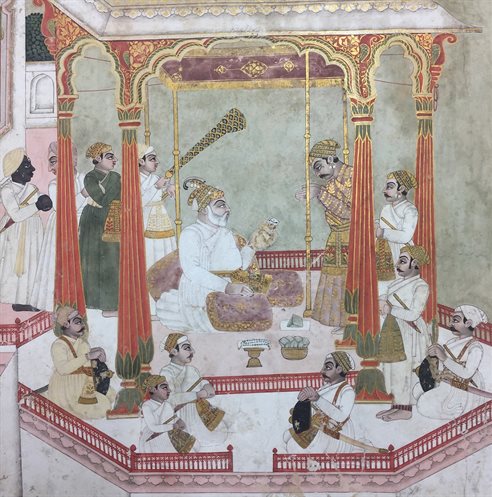 A Mughal illustration of a man under a pavilion with his staff.