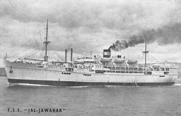 Front of a postcard showing a ship, which Wendy wrote on the back, "The ship in which we travelled to India, May 1953."