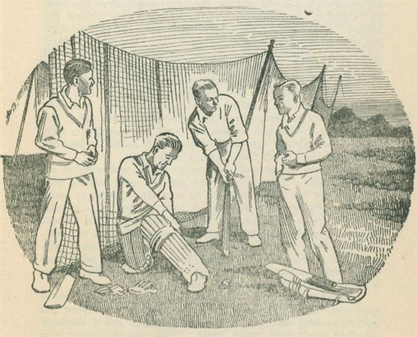 An illustration showing four young, male cricketers in the nets, getting ready to play.