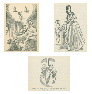 A group of three illustrations showing a man smoking a pipe, relaxing in his armchair as he thinks of cricket, a young woman in long dress wielding her cricket bat, waiting at the stumps, and two small children playing cricket.