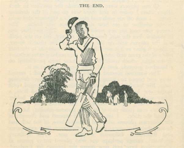 An illustration of a male cricketer raising his cap as he walks away from the crease.