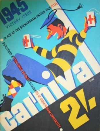 Carnival magazine 1945 Victory issue showing a clown wearing a mortar board hat.