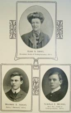 Mermaid magazine's editorial board, showing sepia portrait photos a woman at the top, and two young men wearing high collars below.