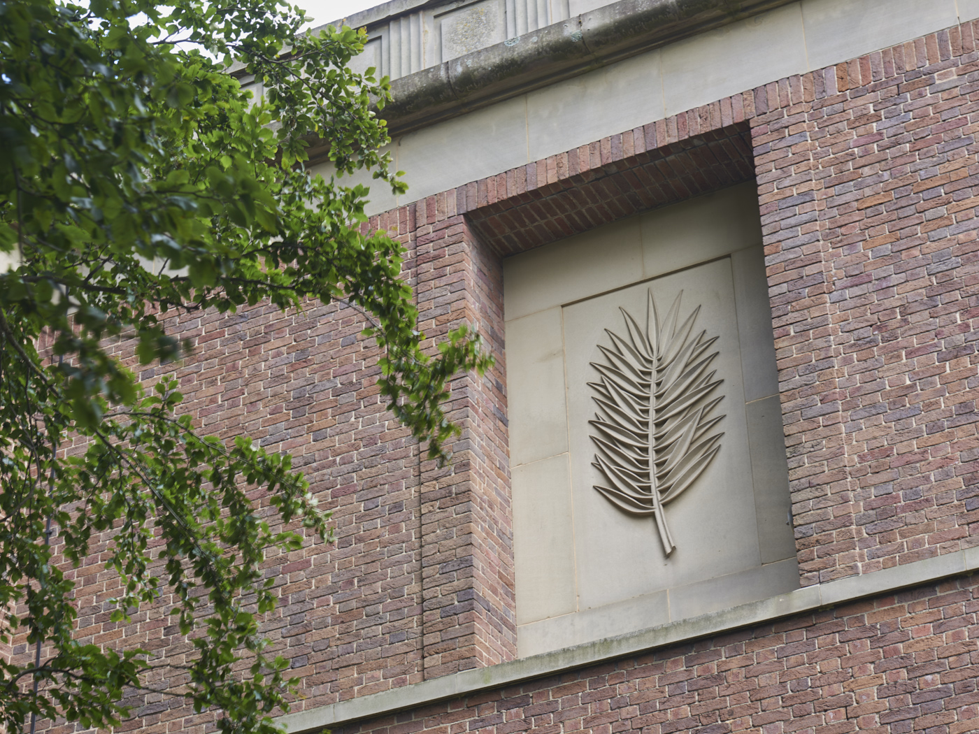 Carved stone panel set into the wall of the Barber Institute of Fine Arts by Gordon Herickx featuring a carving of a palm
