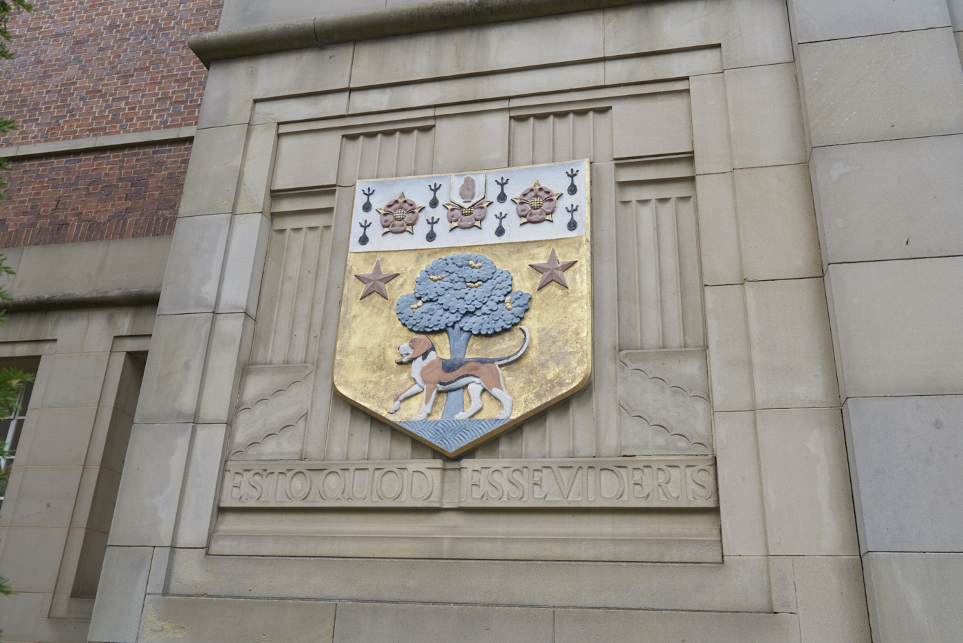 Carved and gilded stone heraldic shield set into the wall of the Barber Institute of Fine Arts by Gordon Herickx featuring a beagle and tree