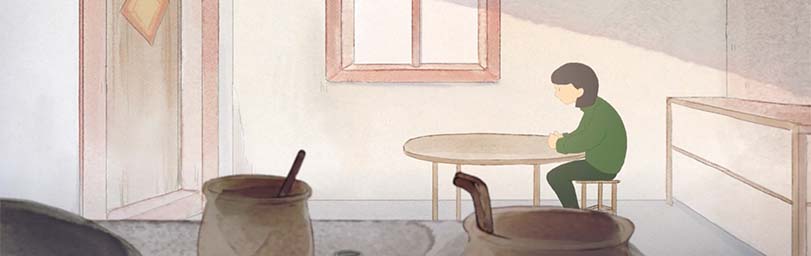 Still from an animation produced by Children Born of War showing a child sitting alone at a table